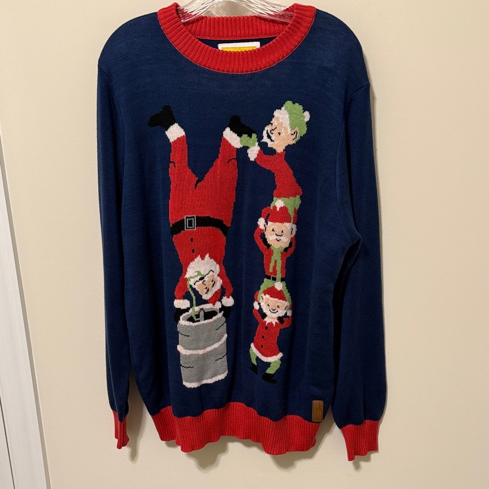 Tipsy Elves Men’s Upside Down Santa Keg with Elves Ugly Blue Sweater / Size XXL
